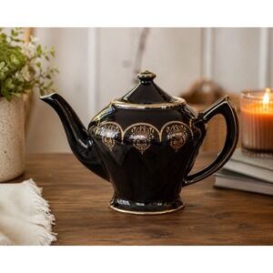 Hall China 0230 Black Gold Filigree 6 Cup Teapot Vintage Made in USA Ceramic